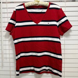 Tommy Hilfiger women's red/white/blue striped v-neck 100% cotton top: XXL